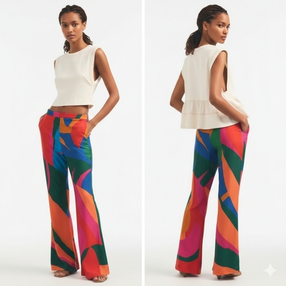 FARM Rio Pants - NWT Farm Rio Colorful Abstract Art Leaves Flared Viscose Pants Anthropologie